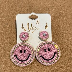 Pink Beaded Smiley Face Earrings